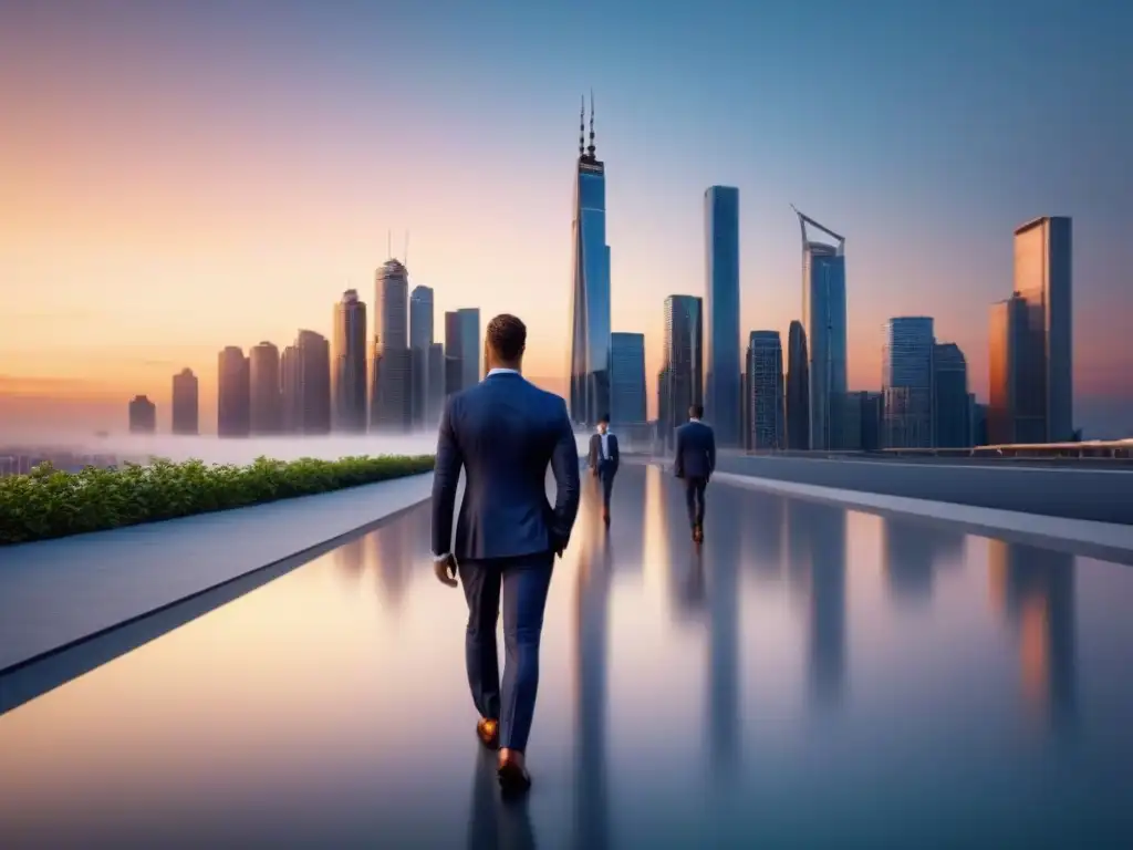 Atardecer en la ciudad: skyline moderno y sofisticado Un vibrante atardecer en una ciudad moderna, con rascacielos de cristal reflejando el sol