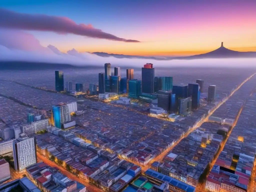 Horizonte vibrante de Ciudad de México al atardecer Vibrante atardecer en la Ciudad de México con modernos rascacielos y arquitectura histórica