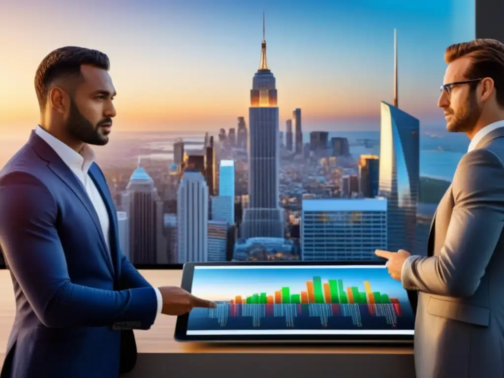 Escena de crecimiento y colaboración en la ciudad al atardecer Un vibrante atardecer en la ciudad con profesionales analizando un portafolio inmobiliario