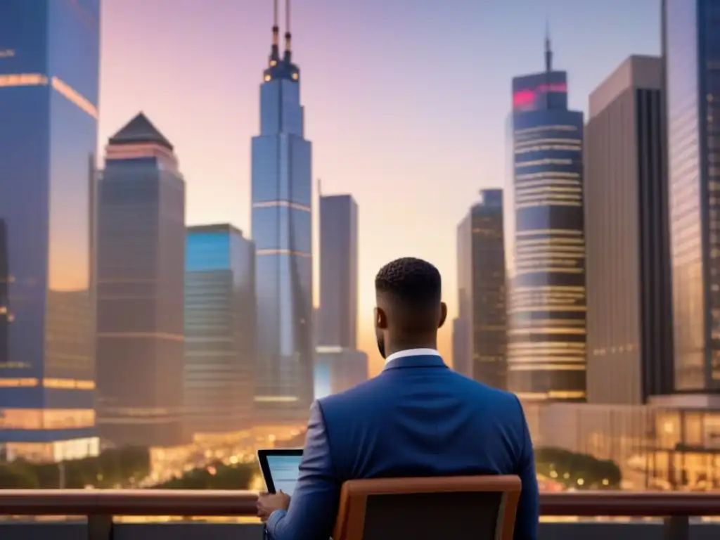 Metrópolis al atardecer: negocios y diversidad en 8k Un vibrante atardecer en la ciudad con rascacielos modernos iluminados por el sol