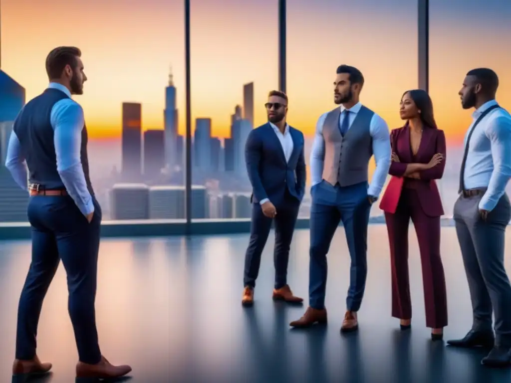 Inversiones inmobiliarias exitosas: skyline urbano al atardecer Un vibrante atardecer en la ciudad, con rascacielos iluminados por el sol y profesionales en discusión