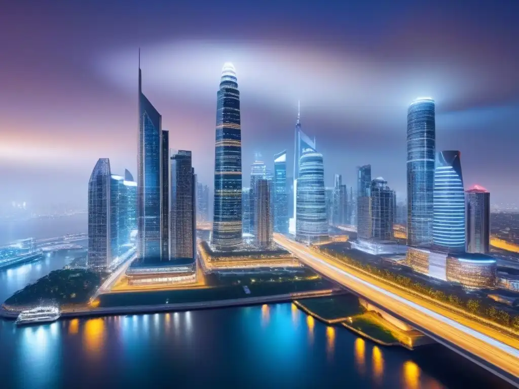 Vibrante ciudad futurista: profesionales colaborando en skyline nocturno Un vibrante atardecer en la ciudad con rascacielos modernos iluminados, profesionales analizando datos en tabletas y laptops