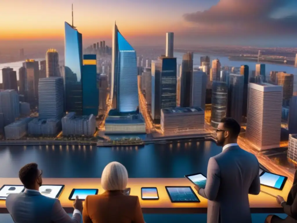 Horizonte urbano al atardecer: crecimiento económico y colaboración global Un vibrante atardecer en la ciudad con rascacielos iluminados, profesionales y gráficos de mercado inmobiliario