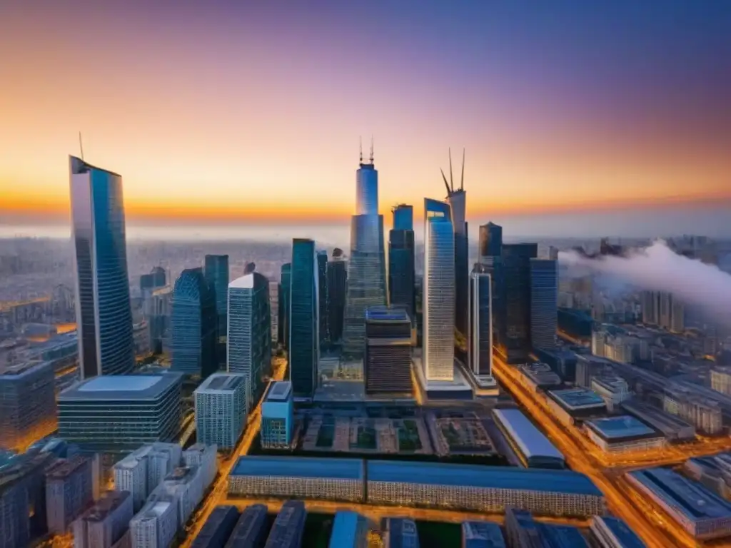 Skyline urbano al atardecer: colaboración en inversión inmobiliaria Vibrante atardecer en la ciudad con rascacielos iluminados y profesionales colaborando en modelos arquitectónicos