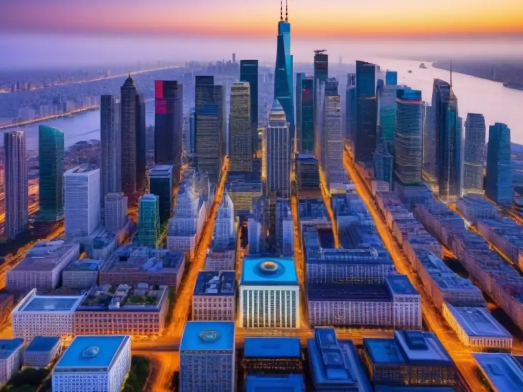 Horizonte urbano al atardecer: luces de ciudad y arquitectura histórica Un vibrante atardecer en la ciudad, con rascacielos modernos y arquitectura histórica iluminados