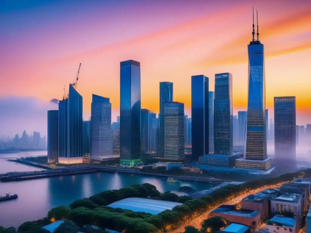 Skyline urbano al atardecer: crecimiento económico y inversión inmobiliaria Un vibrante atardecer en la ciudad con rascacielos iluminados y profesionales discutiendo estrategias de inversión inmobiliaria inflación