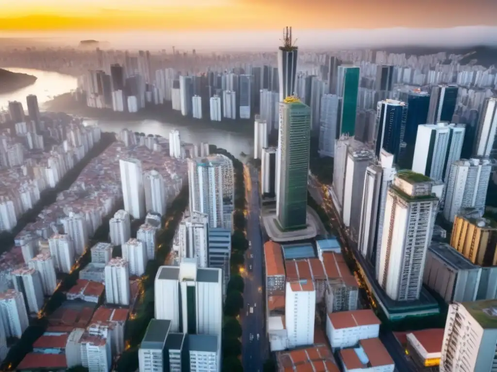 Skyline de Sao Paulo al atardecer: modernidad y tradición en Brasil El vibrante atardecer en Sao Paulo, Brasil, muestra la mezcla de rascacielos y arquitectura histórica