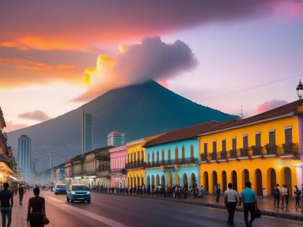 Atardecer dorado en Ciudad de Guatemala: mezcla de modernidad y tradición Vibrante atardecer en Guatemala City con modernos rascacielos y coloridos edificios tradicionales