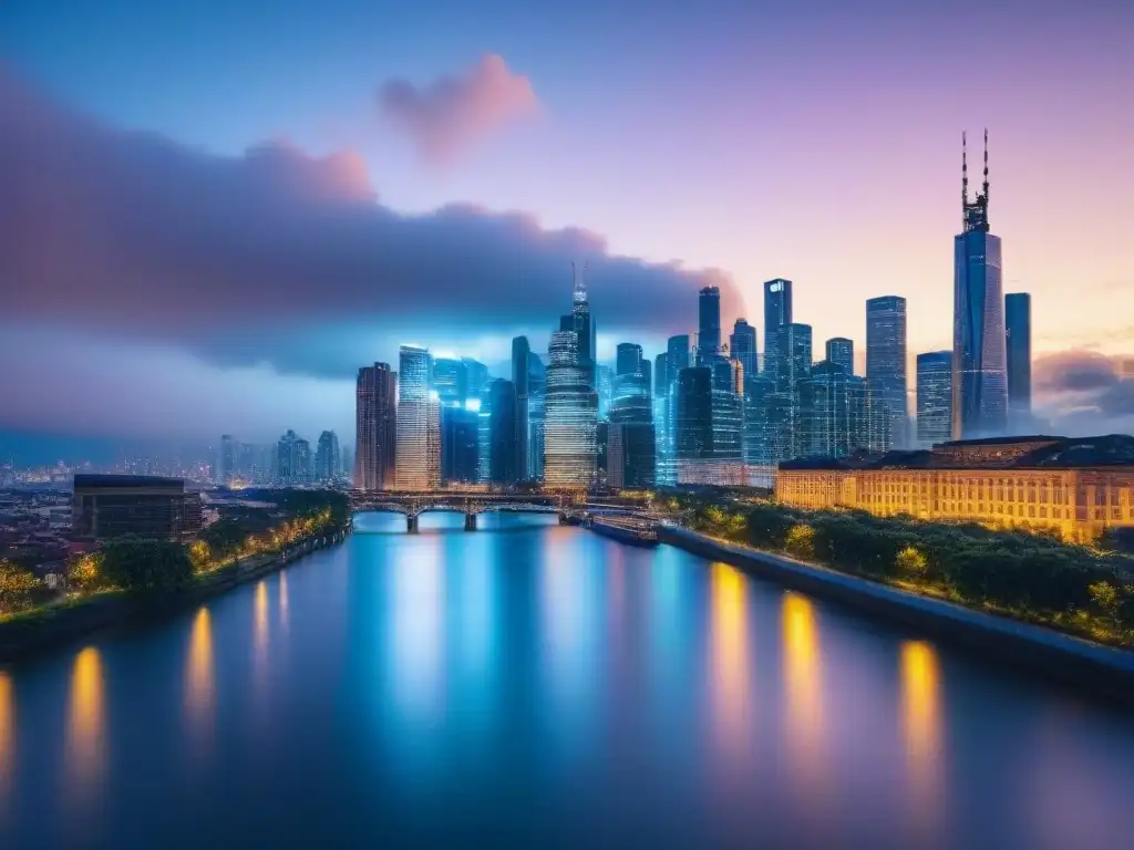 Horizonte urbano: éxito en inversión inmobiliaria Vibrante metrópolis al atardecer con rascacielos modernos iluminados, simbolizando inversiones inmobiliarias y financiamiento hipotecario