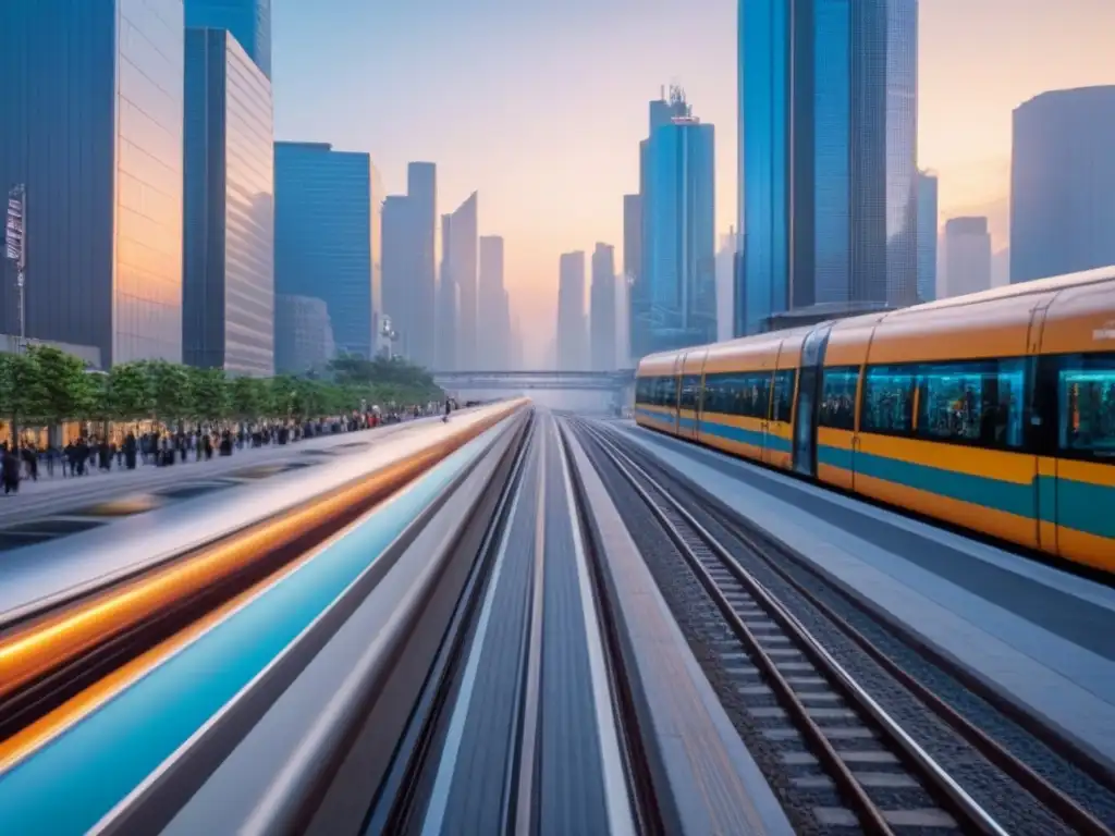 Metrópolis futurista al atardecer: modernidad y diversidad urbana Vibrante metrópolis al atardecer, con rascacielos modernos, calles llenas de gente y avanzada infraestructura de transporte público