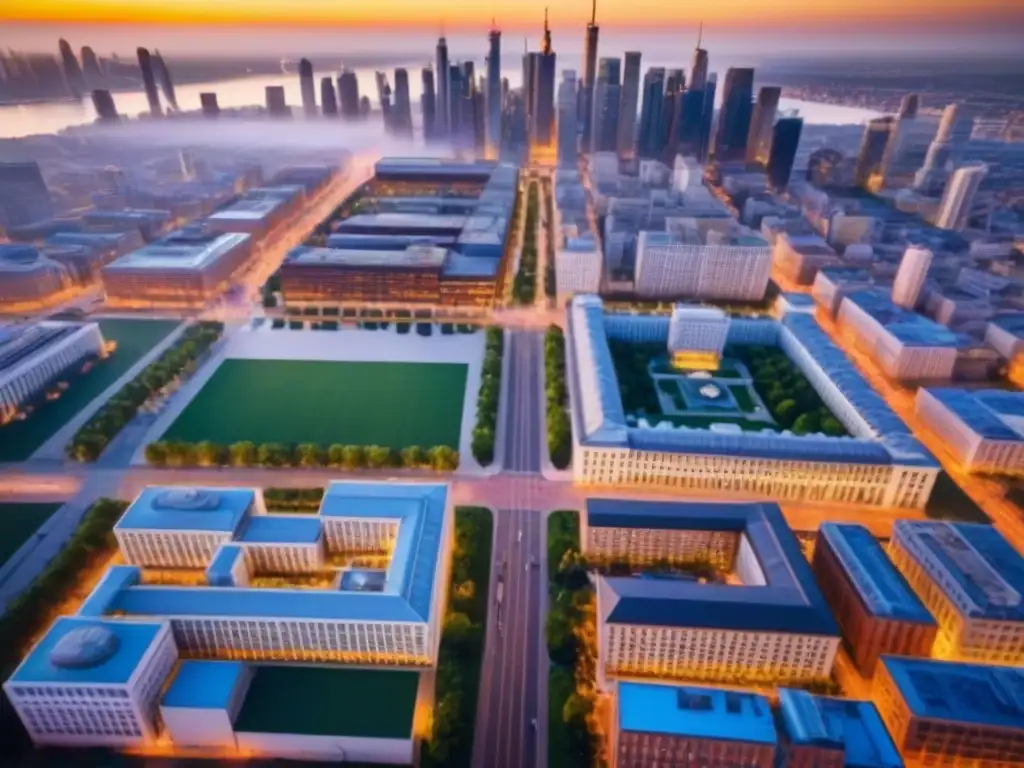 Vibrante ciudad al atardecer: mezcla de modernidad y tradición Un vibrante atardecer urbano con modernos rascacielos y arquitectura histórica, reflejando la revitalización de zonas urbanas casos éxito