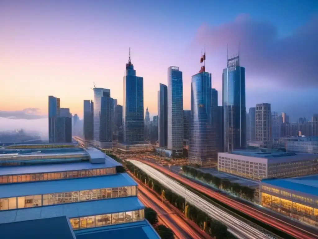 Vibrante skyline urbano al anochecer Un vibrante atardecer urbano con modernos rascacielos iluminados y una calle concurrida, reflejando las tendencias demográficas inversiones inmobiliarias
