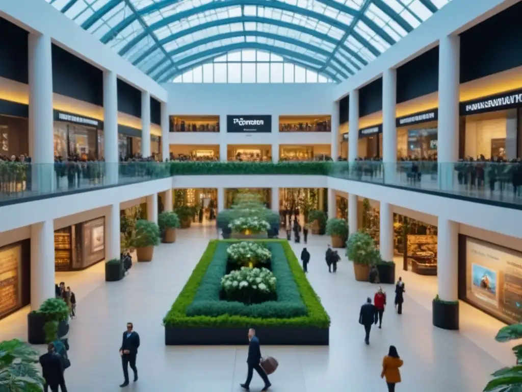 Atrio moderno y próspero: diversidad de compradores en centro comercial Un vibrante atrio de centro comercial moderno, lleno de diversidad y prosperidad