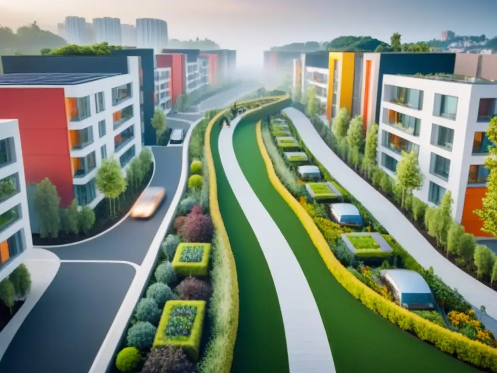 Barrio sostenible: diseño urbano y valor inmobiliario Vibrante barrio con rutas peatonales, edificios modernos, jardines en azoteas y paneles solares
