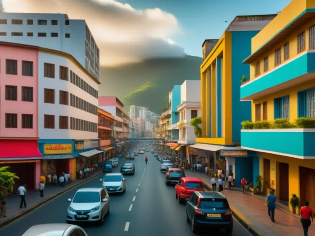 Vida urbana en Caracas: mezcla de tradición y modernidad Vibrante calle de Caracas con arquitectura moderna y tradicional, reflejando la vida urbana en Venezuela