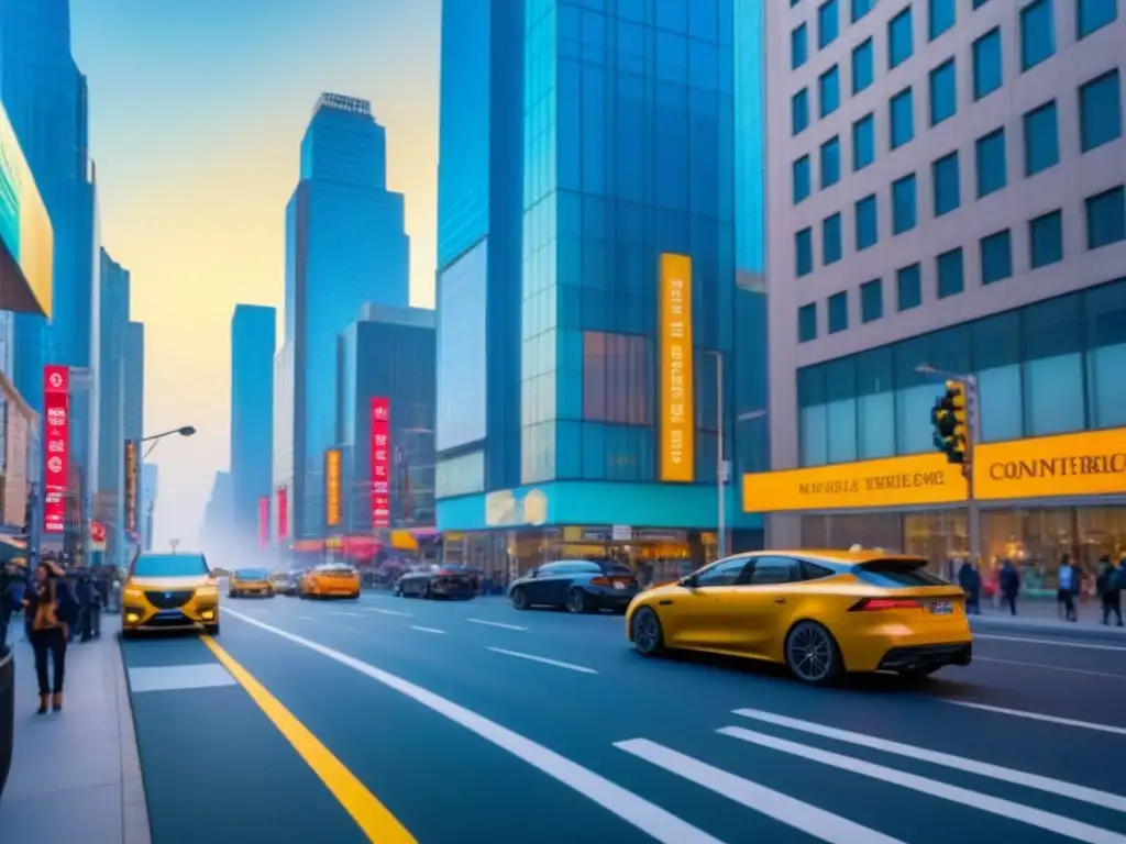 Vibrante metrópolis: arquitectura moderna y energía urbana Vibrante calle comercial en auge inmobiliario, reflejando la energía urbana y sofisticación de la zona