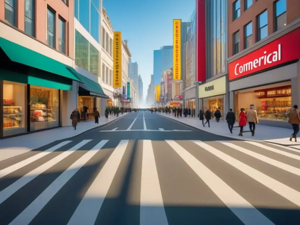 Escena urbana vibrante: modernos edificios comerciales en 8k Vibrante calle comercial con edificios modernos en pequeñas inversiones inmobiliarias comerciales pequeñas
