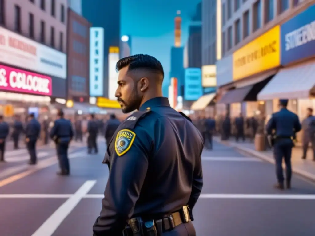 Escena nocturna urbana: seguridad y diversidad en la ciudad Vibrante calle nocturna en la ciudad, con luces y diversidad