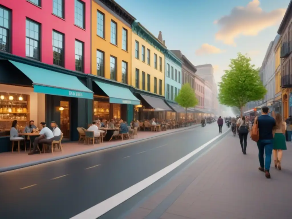 Calles revitalizadas: vida urbana vibrante y moderna Vibrante calle peatonal mejora valor inmobiliario y calidad de vida en la ciudad