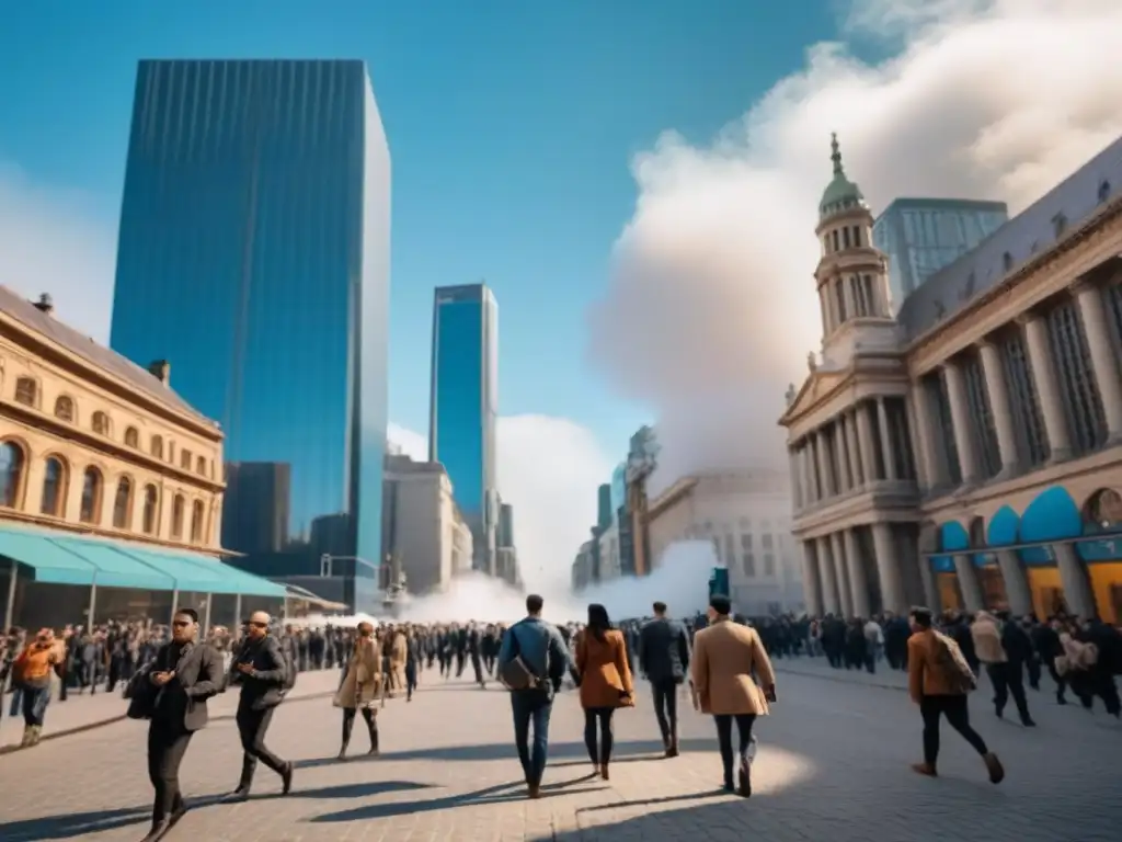 Vibrante calle urbana, fusionando arquitectura histórica y moderna, donde culturas se unen