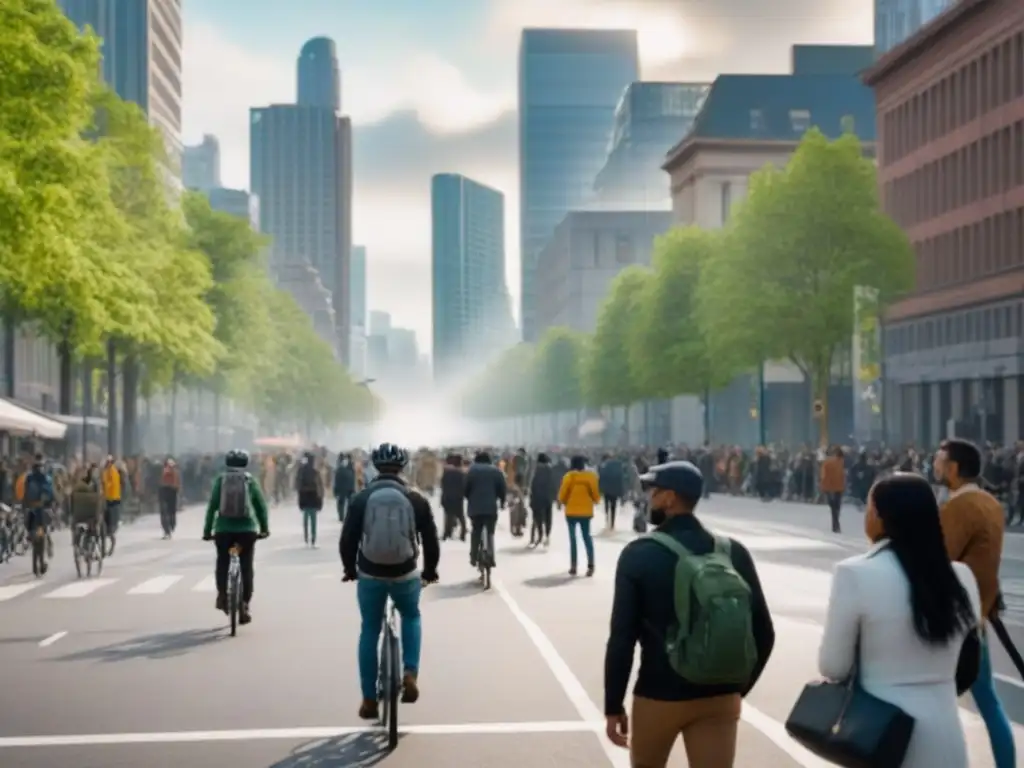 Escena urbana: diversidad y sostenibilidad en la ciudad moderna Vibrante calle urbana con diversidad, comunidad y arte público