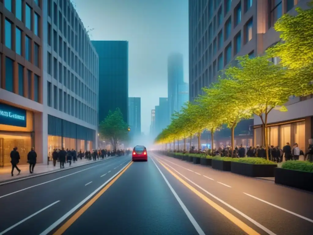Vibrante ciudad urbana con potencial de valorización Vibrante calle urbana con edificios modernos y transporte público eficiente en zona de potencial valorización por mejoras servicios