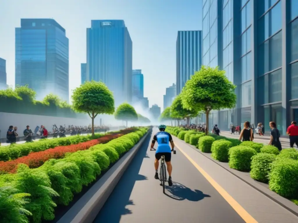 Calles urbanas verdes con edificios modernos y comunidades vibrantes Vibrante calle urbana con vegetación, edificios modernos y áreas comunitarias