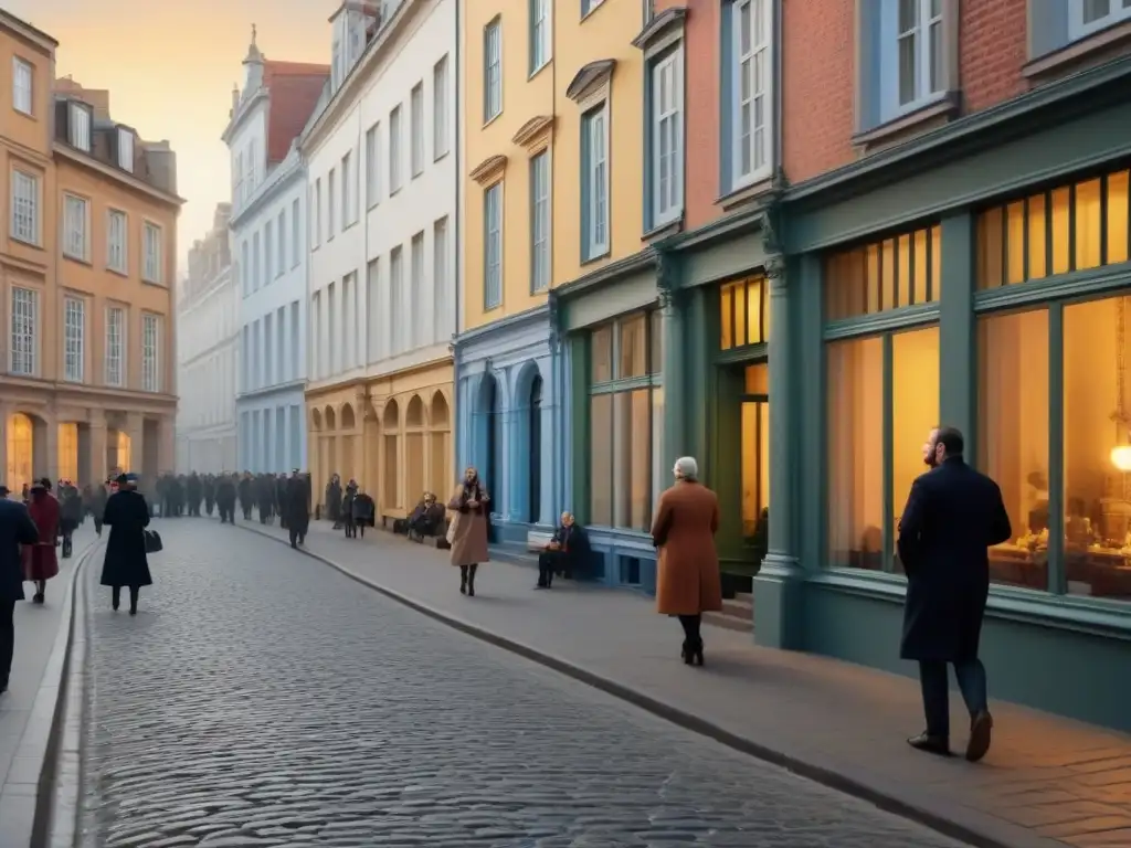 Vibrante calle urbana con edificios históricos y personas discutiendo sobre preservar patrimonio cultural en desarrollo al atardecer