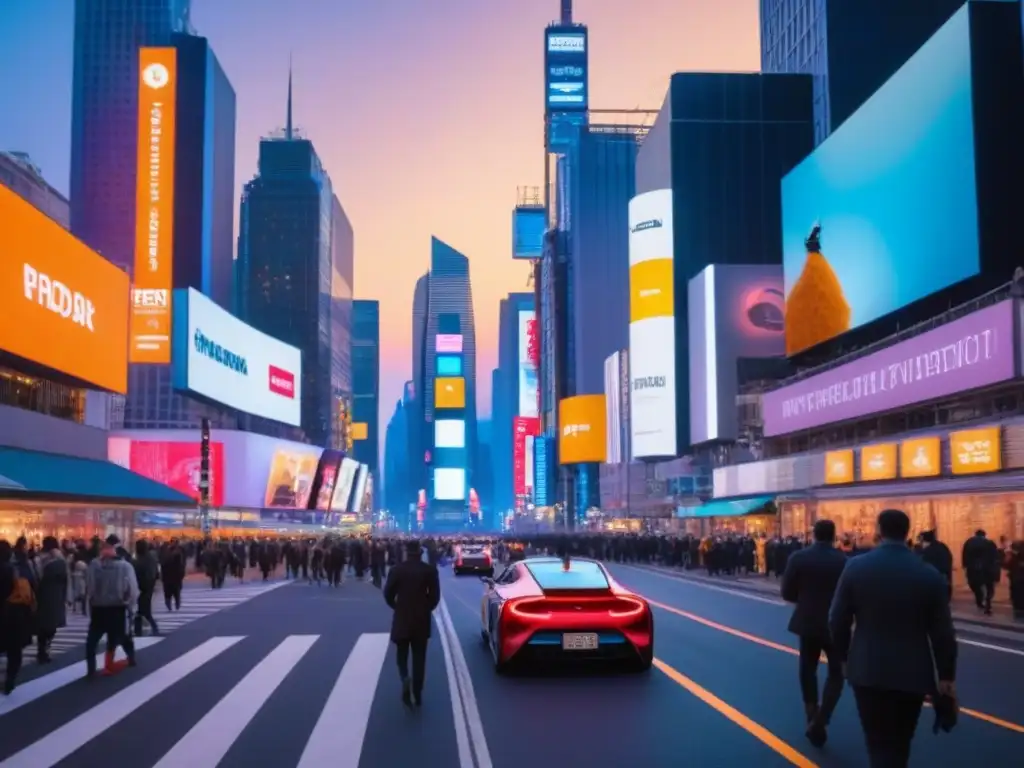 Metrópolis futurista: luces, diversidad y progreso en la ciudad del mañana Vibrante calle urbana futurista al anochecer con rascacielos relucientes y multitud variada