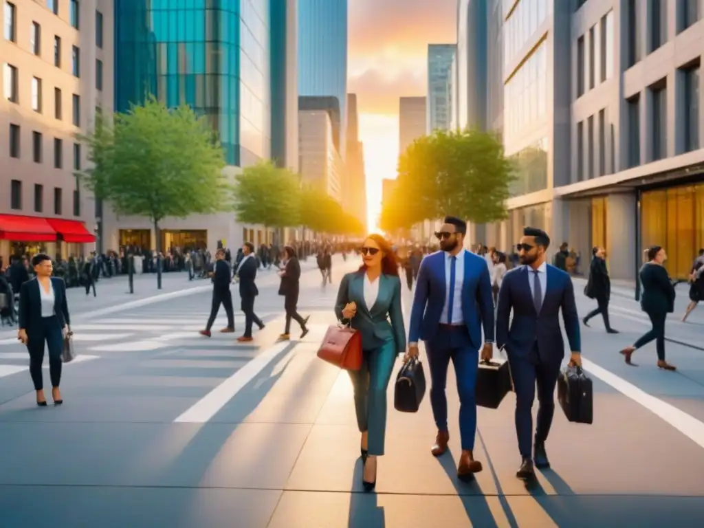 Apartamentos modernos en una ciudad vibrante Vibrante calle urbana con modernos edificios y diversidad de transeúntes al atardecer