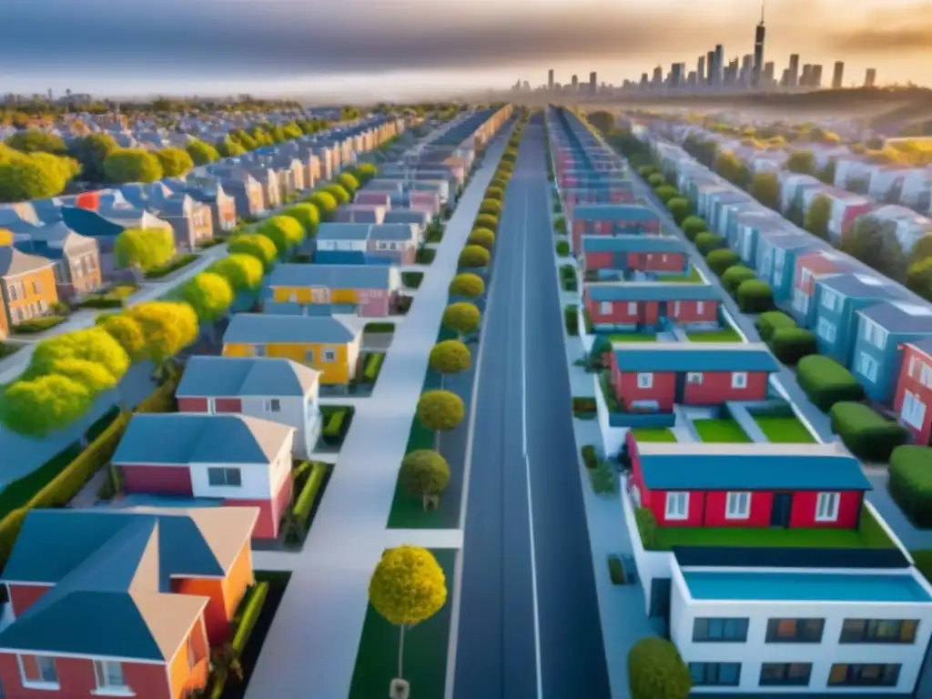 Contraste urbano: modernidad y tradición en crecimiento Una vibrante calle urbana con rascacielos modernos y casas coloridas, reflejo de la demanda de viviendas y la política monetaria