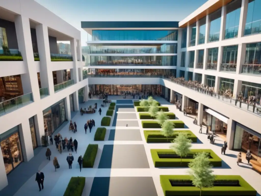 Centro comercial vibrante: modernidad y diversidad en acción Un vibrante centro comercial con arquitectura moderna y gente diversa