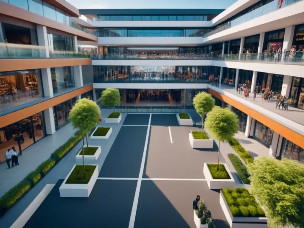 Centro comercial futurista del 2023: arquitectura moderna, vegetación exuberante y diversidad de compradores disfrutando del ambiente vibrante Vibrante centro comercial del 2023: arquitectura moderna, vegetación exuberante y diversidad de compradores
