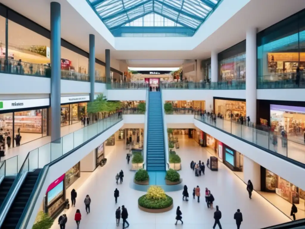 Centro comercial moderno: diversidad, compras y entretenimiento Vibrante centro comercial desde arriba, muestra diversidad de compradores disfrutando de tiendas y ocio