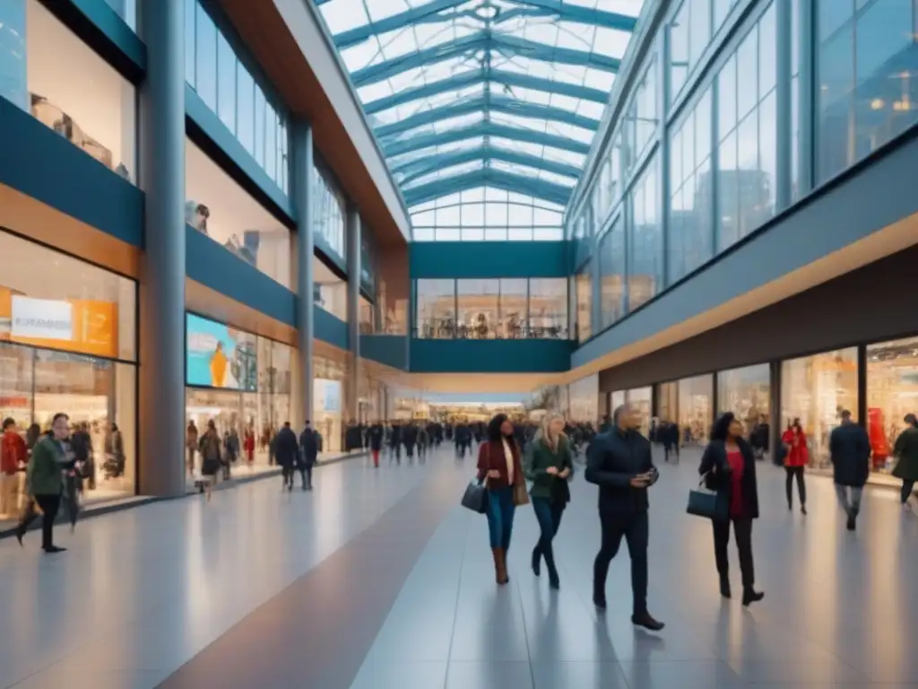 Centro comercial dinámico: diversidad y actividad económica Un vibrante centro comercial moderno con diversidad de compradores de todas las edades y etnias, reflejando la intersección de tendencias demográficas y inversiones comerciales