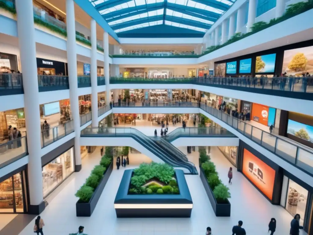 Centro comercial moderno: arquitectura vibrante y diversidad de compradores Un vibrante centro comercial moderno, reflejo de la inversión inteligente en centros comerciales, con arquitectura elegante y multitud diversa