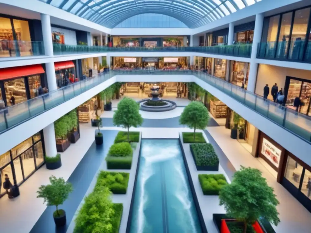 Centro comercial moderno: vista aérea vibrante y detallada Un vibrante centro comercial moderno con arquitectura elegante y espacios verdes, reflejando la renovación y aumento de valor en centros comerciales