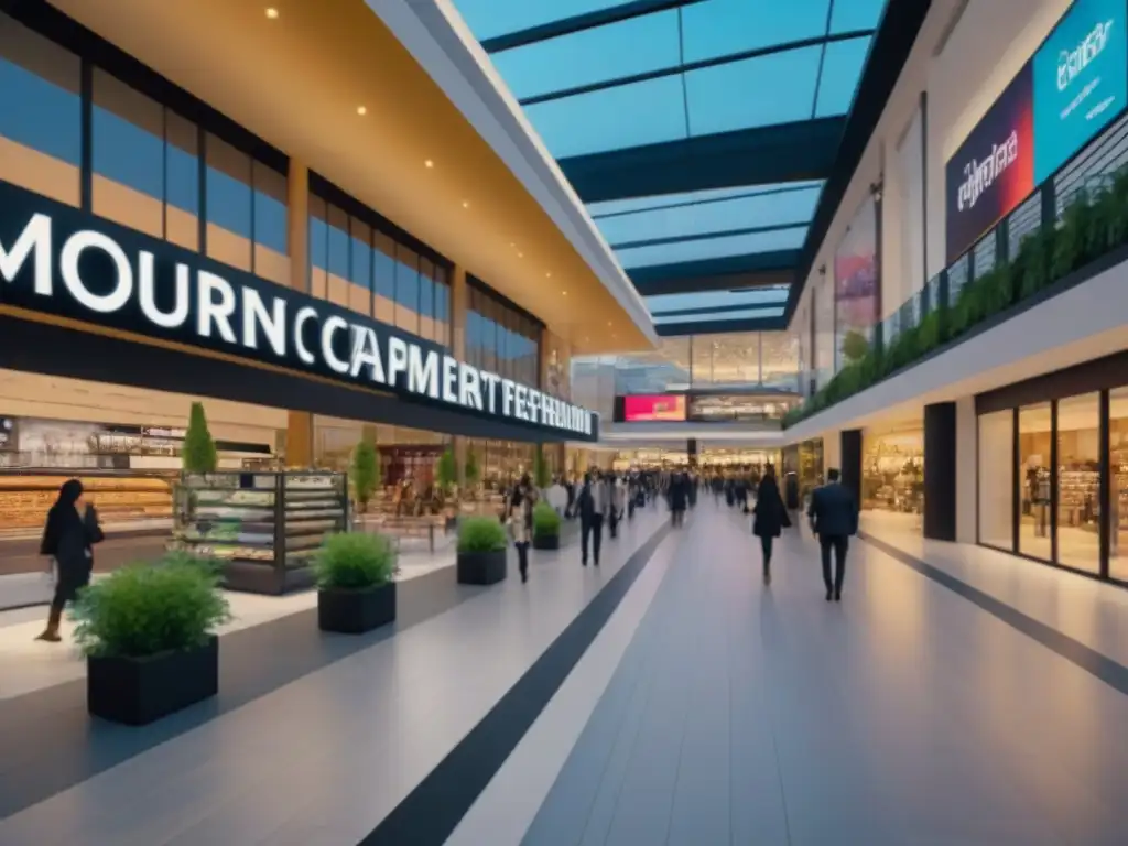 Centro comercial moderno: arquitectura vibrante y shoppers diversos Un vibrante centro comercial moderno, diversidad de tiendas y clientes