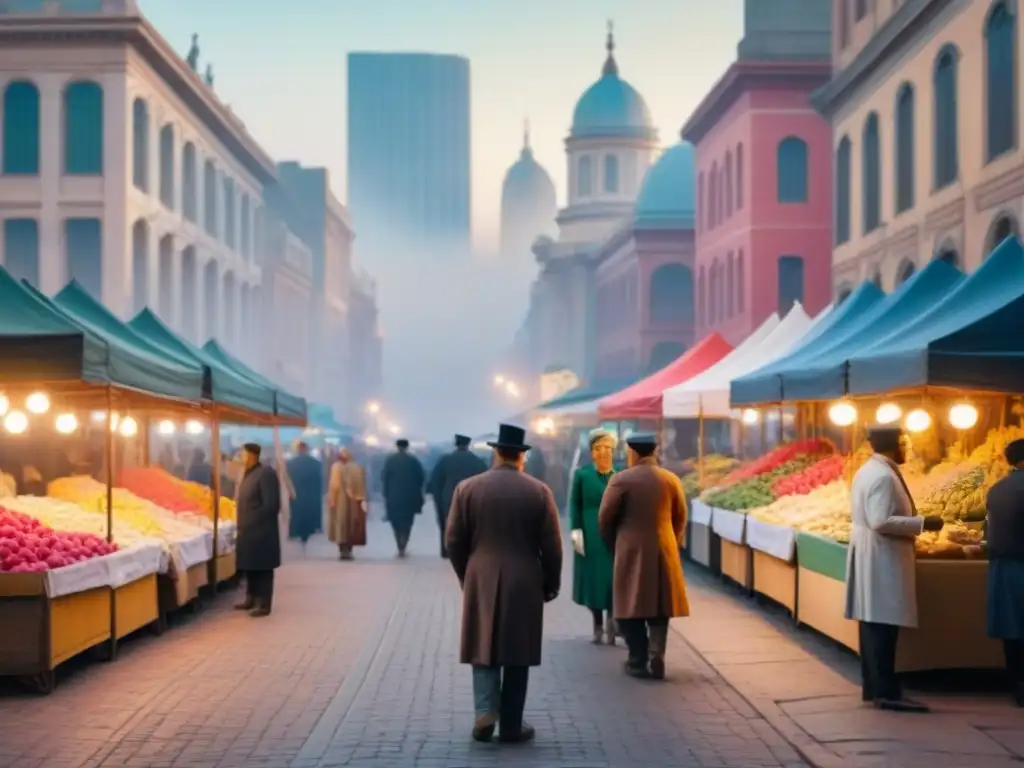 Cityscape al amanecer: mercado vibrante y planificación urbana Vibrante ciudad al amanecer, mezcla de arquitectura histórica y rascacielos