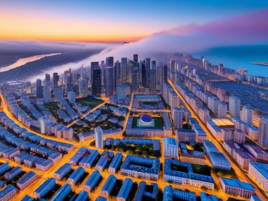 Vibrante ciudad con nuevos rascacielos al atardecer dorado Vibrante ciudad al atardecer, construcciones modernas y zonas verdes resaltadas, ideal para potencial valorización mejoras servicios