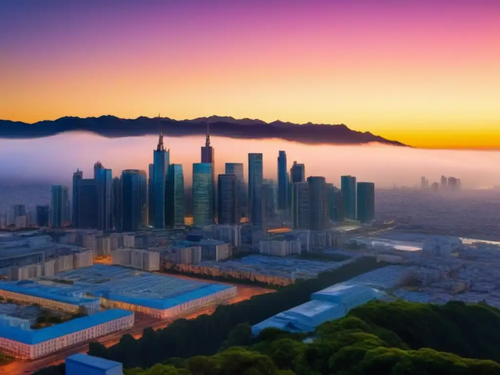 Espectacular skyline urbano al atardecer en 8k Vibrante ciudad al atardecer con diversos estilos arquitectónicos