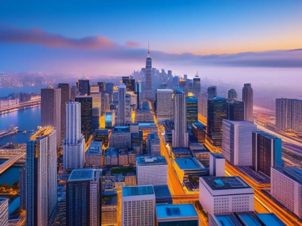 Metrópolis vibrante: distrito comercial al anochecer Vibrante ciudad al atardecer con estrategias ROI en desarrollos comerciales multifuncionales