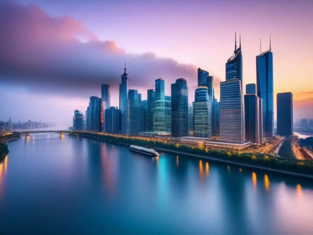 Esplendor urbano: skyline moderno en 8k al anochecer Vibrante ciudad al atardecer, reflejando éxito en inversiones inmobiliarias