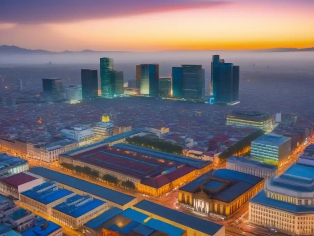 Horizonte vibrante de la Ciudad de México al atardecer La vibrante Ciudad de México al atardecer, reflejando la fusión de rascacielos modernos y arquitectura histórica, con calles coloridas y bulliciosas