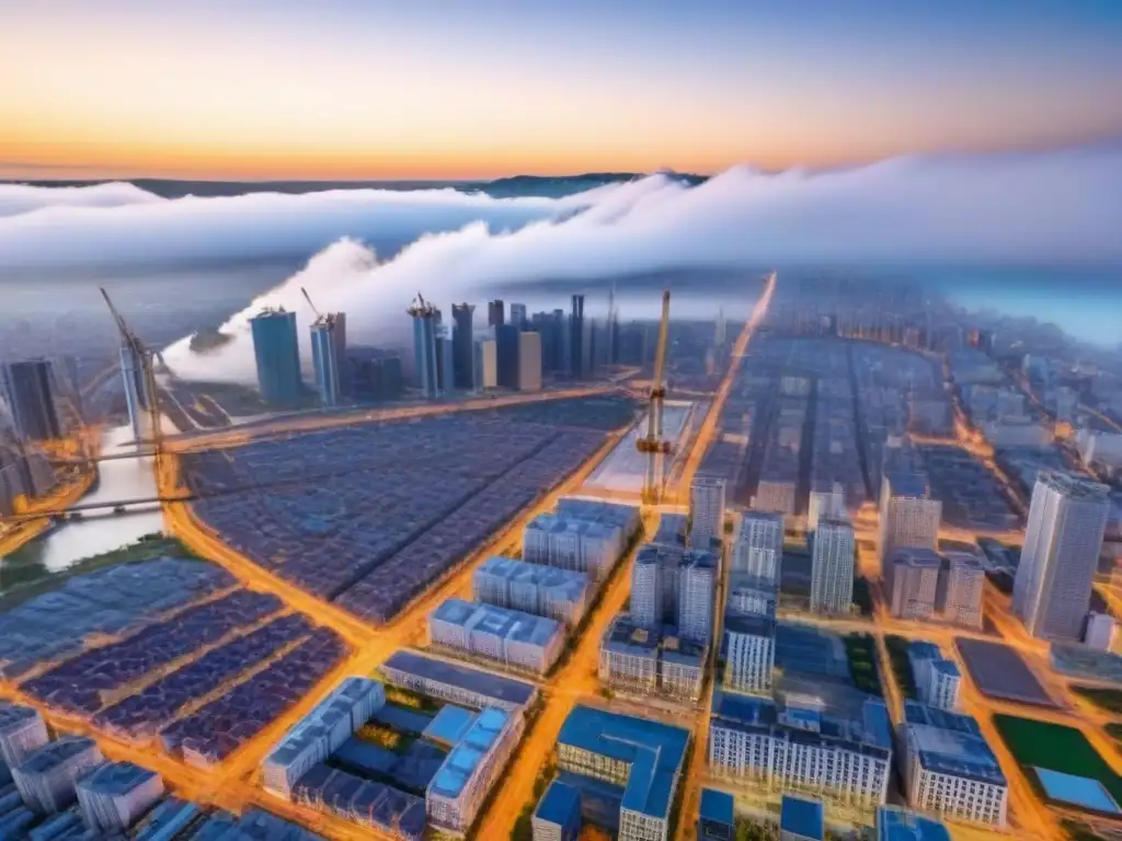 Desarrollo urbano al atardecer: proyecto inmobiliario en construcción Vibrante ciudad al atardecer con gran proyecto inmobiliario en construcción y grúas