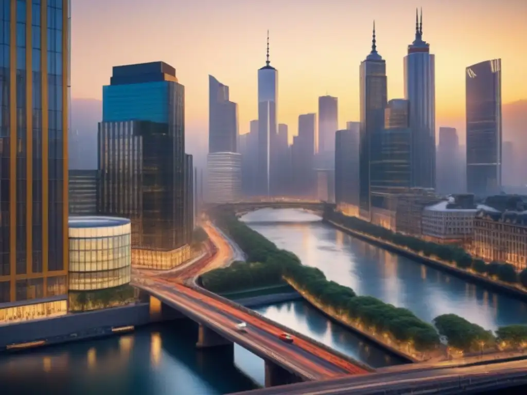 Cityscape dorado: fusión arquitectónica y diversidad profesional Vibrante ciudad al atardecer, fusionando historia y modernidad en propiedades inmobiliarias