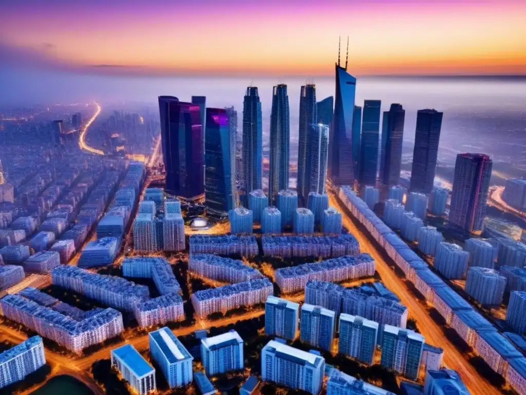 Horizonte urbano iluminado al atardecer: inversión inmobiliaria Vibrante ciudad al atardecer, iluminada por rascacielos y luces de autos