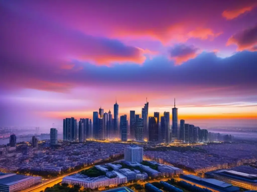 Espectacular atardecer urbano con modernos rascacielos y luces de ciudad Vibrante ciudad al atardecer con impresionantes rascacielos y edificios residenciales, iluminados por luces de la ciudad