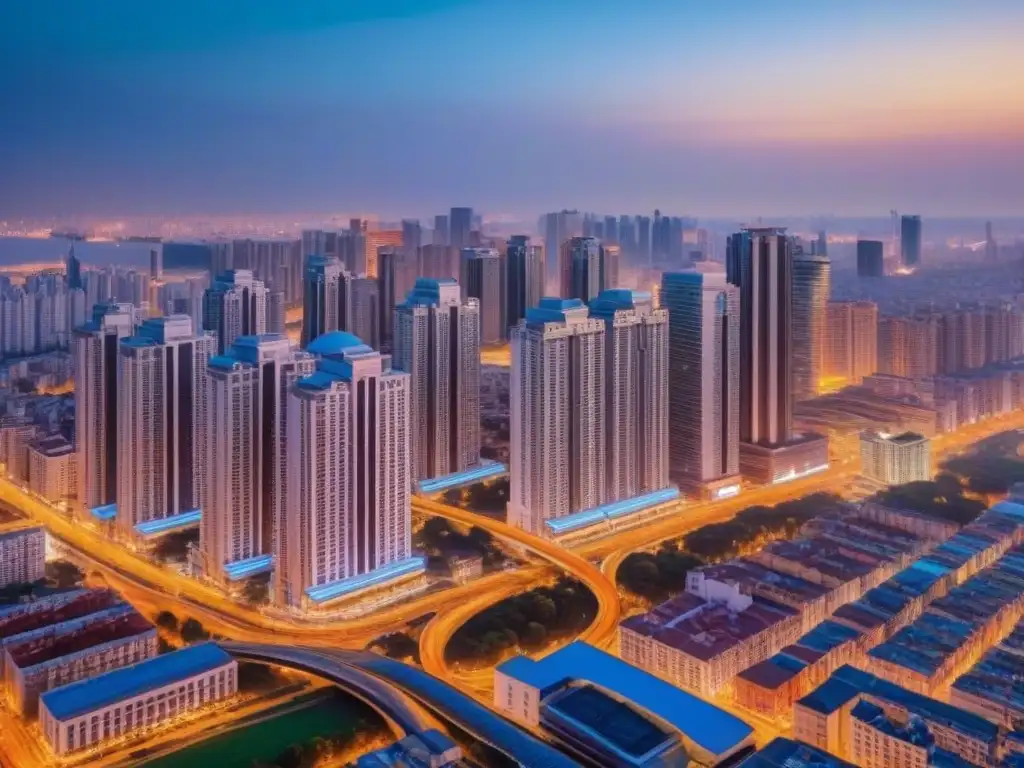 Metrópolis vibrante: ciudad comercial y residencial al anochecer Vibrante ciudad al atardecer con inversión en centros comerciales residenciales