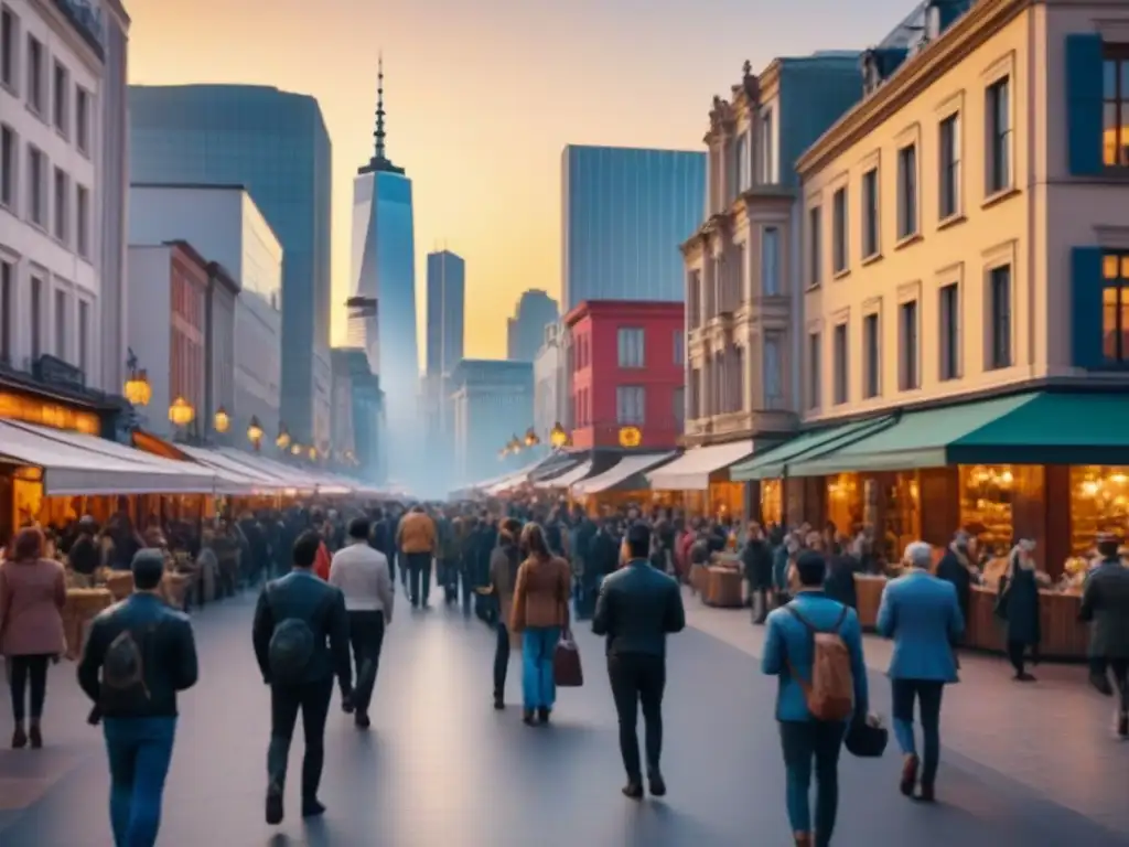 Horizonte urbano al atardecer: diversidad y oportunidades inmobiliarias Vibrante ciudad al atardecer con modernos rascacielos y arquitectura histórica, reflejando diversidad demográfica